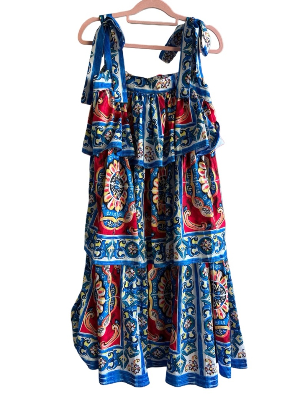 Designer-Style Blue Majolica Ruffle Tiered Sundress with Tie Straps